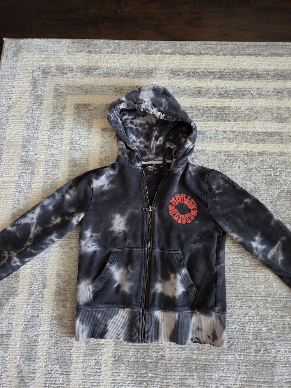 Harley Davidson Black White Tie Dye Full Zip Hoodie Jacket Womens XS